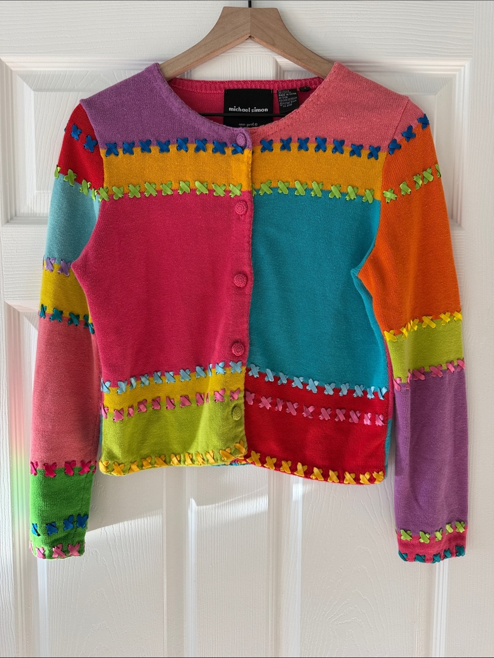 Vintage Y2K Michael Simon Colorblock Ribbon Cross-Stitch Cardigan Sweater
